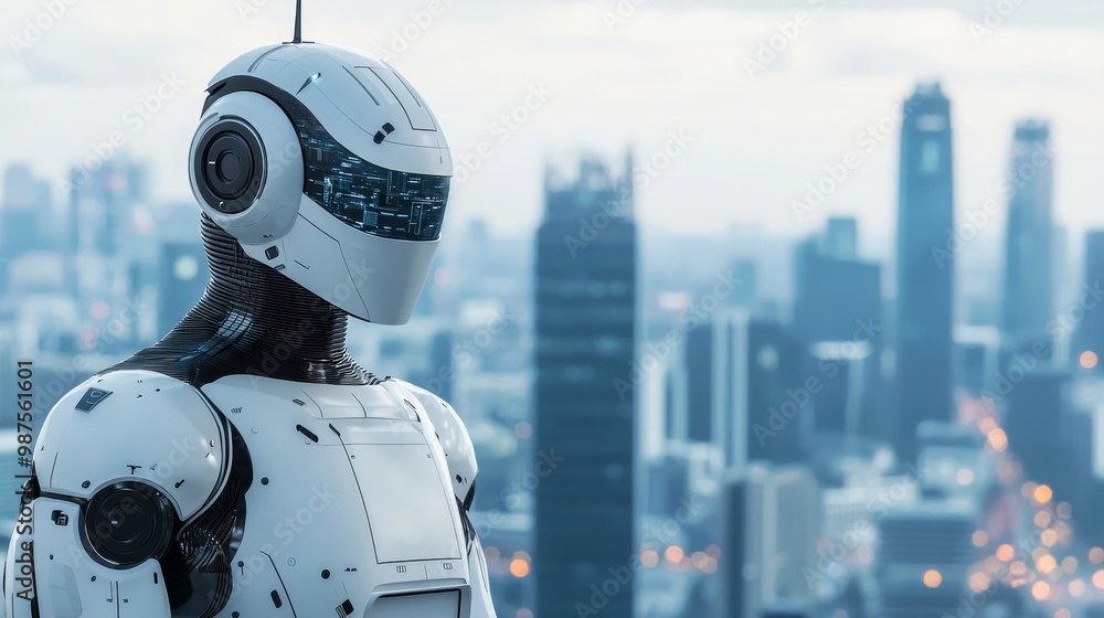 Futuristic Robot in Metropolis Landscape Futuristic Robot in Metropolis Landscape