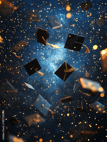 hundreds of graduation hats flying in galaxy, golden blue theme, blank space in middle