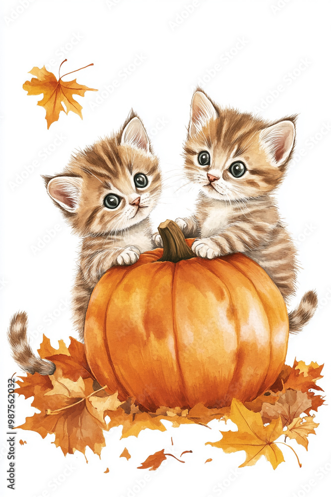 T-shirt design featuring cute baby cats playing around an orange pumpkin with fall leaves T-shirt design featuring cute baby cats playing around an orange pumpkin with fall leaves
