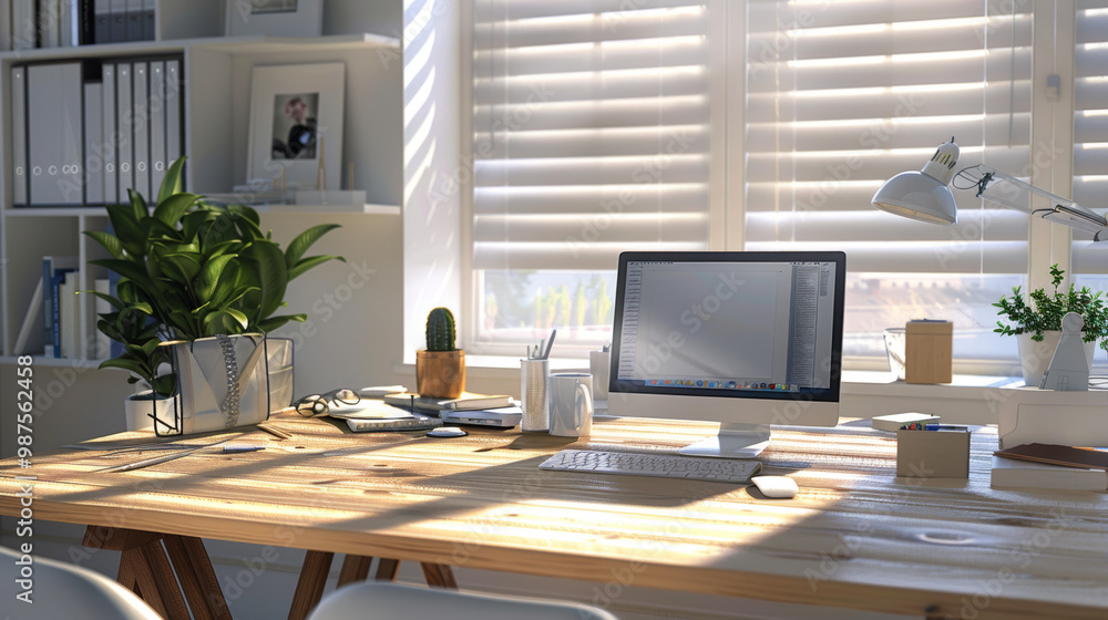 A modern home office workspace featuring wooden desk, computer, and various office supplies. bright natural light enhances inviting atmosphere, perfect for productivity and creativity A modern home office workspace featuring wooden desk, computer, and various office supplies. bright natural light enhances inviting atmosphere, perfect for productivity and creativity