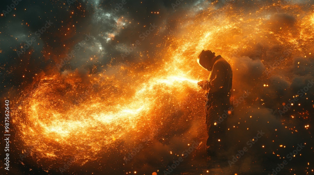 Fototapeta premium Silhouetted Figure Amidst a Fiery Galaxy