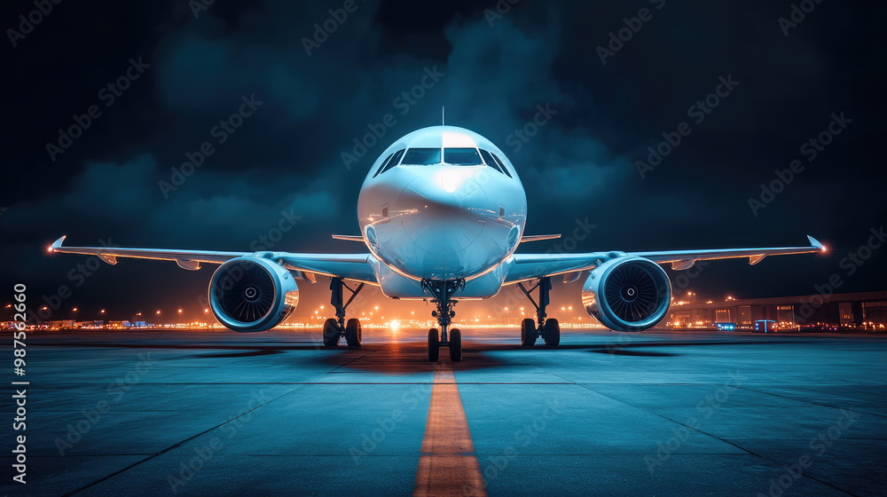 Fototapeta premium Passenger airplane standing on runway at night