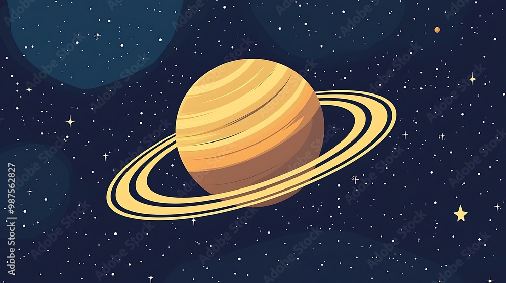 Cosmic Minimalism - Flat Design Planet with Rings on Starry Background Cosmic Minimalism - Flat Design Planet with Rings on Starry Background