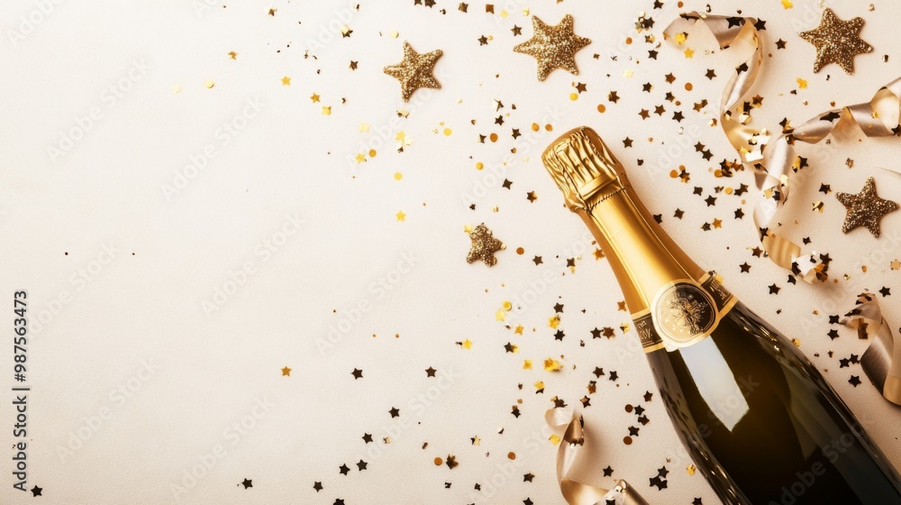 Fototapeta premium Celebration background with golden champagne bottle, confetti stars and party streamers. Christmas, birthday or wedding concept. Flat lay. with copy space