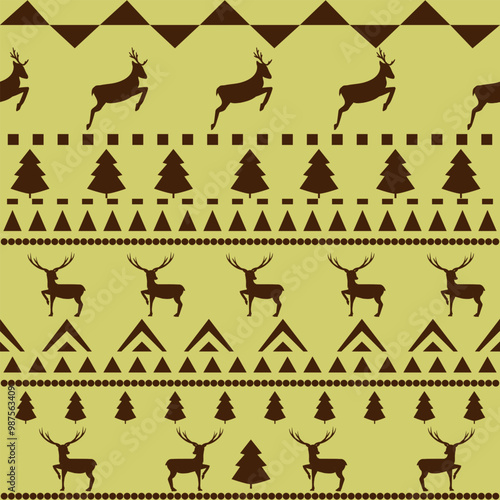 Deer and trees in mustard tones seamless pattern