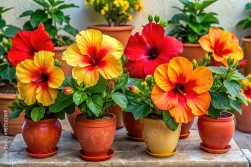 Vibrant red and yellow hibiscus flowers bloom profusely in clay pots against a light background, creating a striking tropical display with a pop of color.