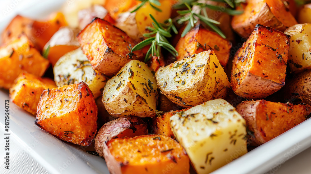 A white plate holding a mix of roasted vegetables, including potatoes and herbs, exemplifying a healthy, colorful, and tasty meal option full of nutrients and flavors. A white plate holding a mix of roasted vegetables, including potatoes and herbs, exemplifying a healthy, colorful, and tasty meal option full of nutrients and flavors.