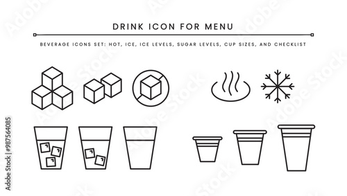 Drink Beverages Icon Set for Menu. Hot Ice, Cup sizes, sugar levels, ice levels. can use symbol in menu for restaurant, coffee shop, cafe. Simple clean flat color outline isolated vector.