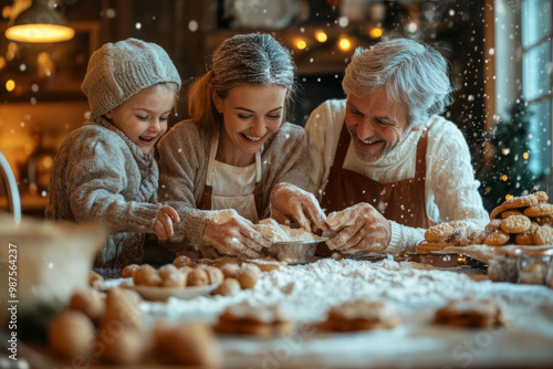 Baking cookies brings joy and warmth to this family gathering, as grandmother, grandfather, and child create sweet memories together in cozy kitchen filled with festive cheer