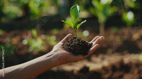 Closeup of a hand holding a young plant with soil, symbolizing growth and new beginnings.