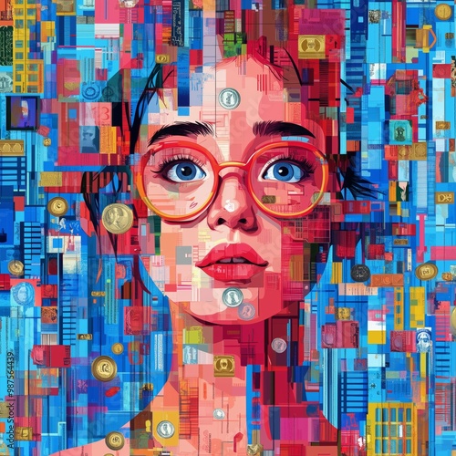 Colorful digital art of a young woman with glasses surrounded by abstract shapes. photo