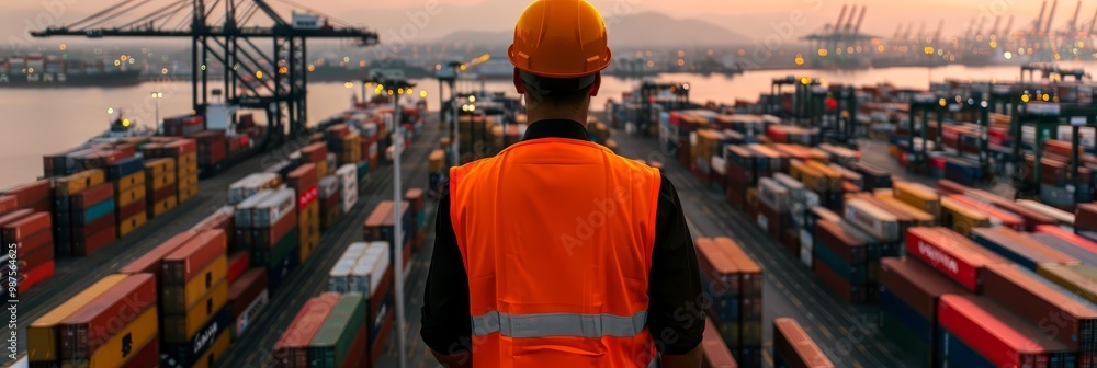 Obraz premium A worker in an orange safety vest stands in front of rows of cargo containers at a busy port.