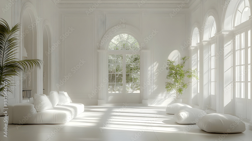 White Interior Design with Arched Windows Illustration White Interior Design with Arched Windows Illustration