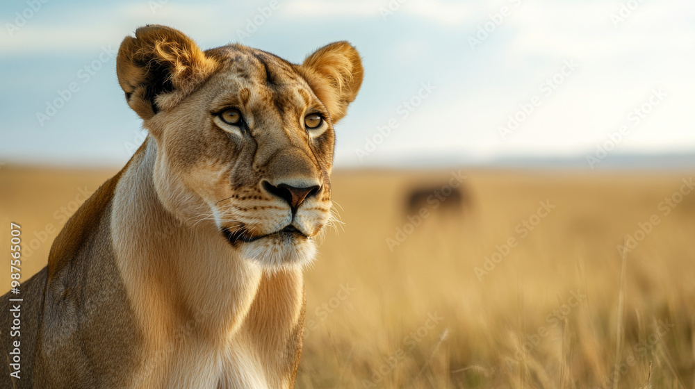 Obraz premium A detailed photograph of a lioness, gazing intently at her surroundings, with the African plains in the background