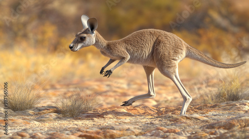 A wild kangaroo hopping, isolated from the outback, with detailed textures visible on its fur and muscles photo