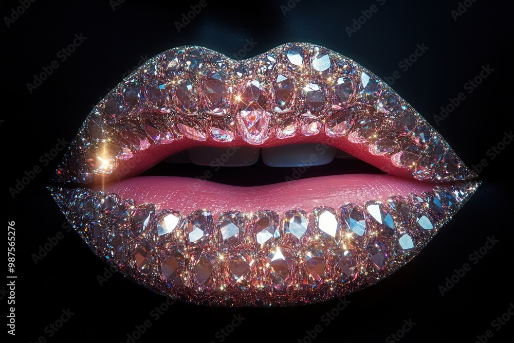 Close-Up of Pink Glitter Lips with Diamonds - Glamorous Beauty and Fashion Photography Close-Up of Pink Glitter Lips with Diamonds - Glamorous Beauty and Fashion Photography