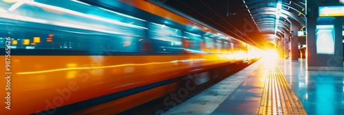 A high-speed train blurs through a station platform, illuminated by bright lights. photo