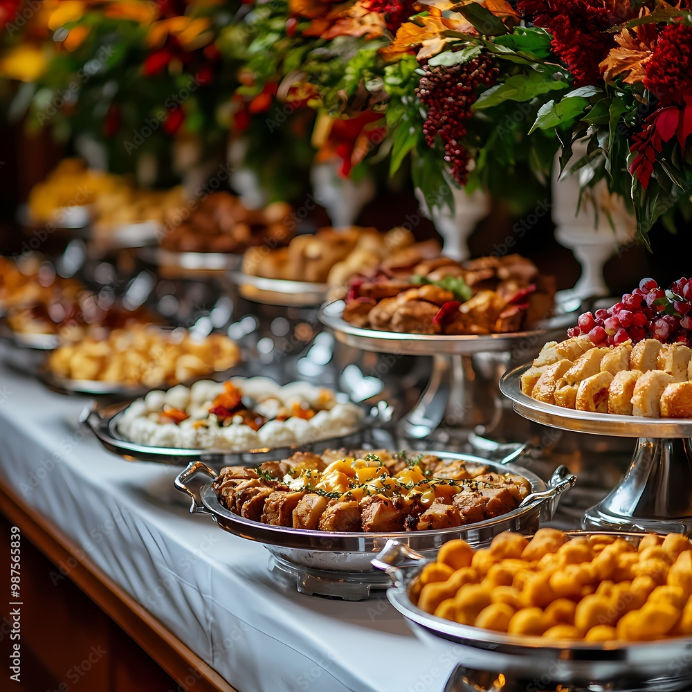 Festive Thanksgiving Buffet Spread: Gourmet Dishes in a Cozy Autumn Setting for Catering Promotions Festive Thanksgiving Buffet Spread: Gourmet Dishes in a Cozy Autumn Setting for Catering Promotions
