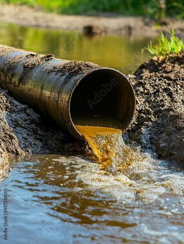 An iron pipe sticks out of the river and pollutes the water, the concept of environmental pollution, environmental disaster..