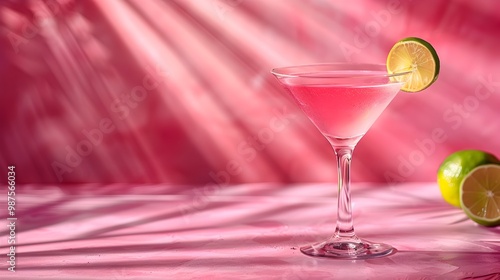 A pink background with a glass of pink liquid and a lime slice in it