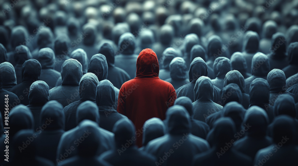 Obraz premium image depicts striking scene where single figure in red hoodie stands out among crowd of indistinct figures in gray hoodies, evoking feelings of individuality and isolation
