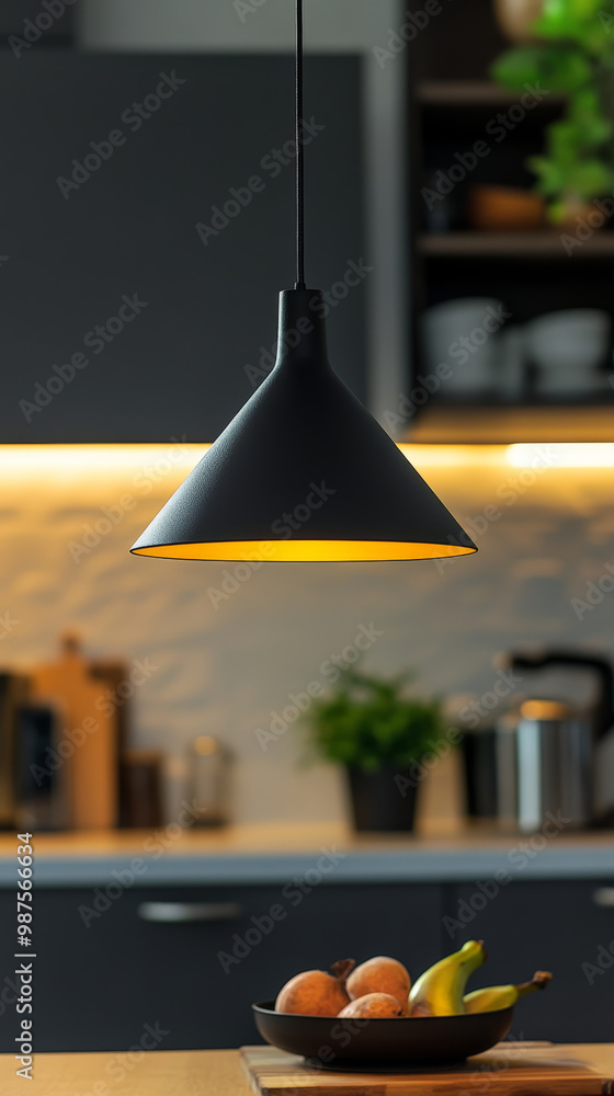 A modern black pendant lamp illuminates stylish kitchen, casting warm glow over bowl of fresh fruits. sleek design complements contemporary decor, creating cozy atmosphere A modern black pendant lamp illuminates stylish kitchen, casting warm glow over bowl of fresh fruits. sleek design complements contemporary decor, creating cozy atmosphere
