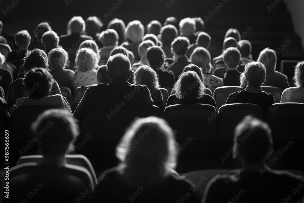 Fototapeta premium image captures crowd of people seated in theater, showcasing variety of hairstyles and clothing styles. monochrome effect adds dramatic touch, emphasizing collective experience of audience