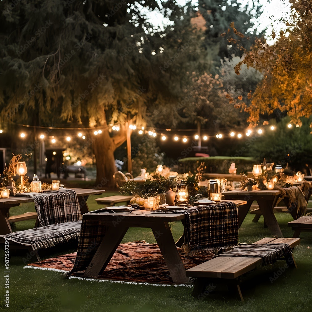 Cozy Outdoor Thanksgiving Dinner Setup with Rustic Tables and Warm Lighting Cozy Outdoor Thanksgiving Dinner Setup with Rustic Tables and Warm Lighting