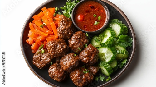 Meatballs with Carrots, Cucumber, and Spicy Sauce on a Black Plate