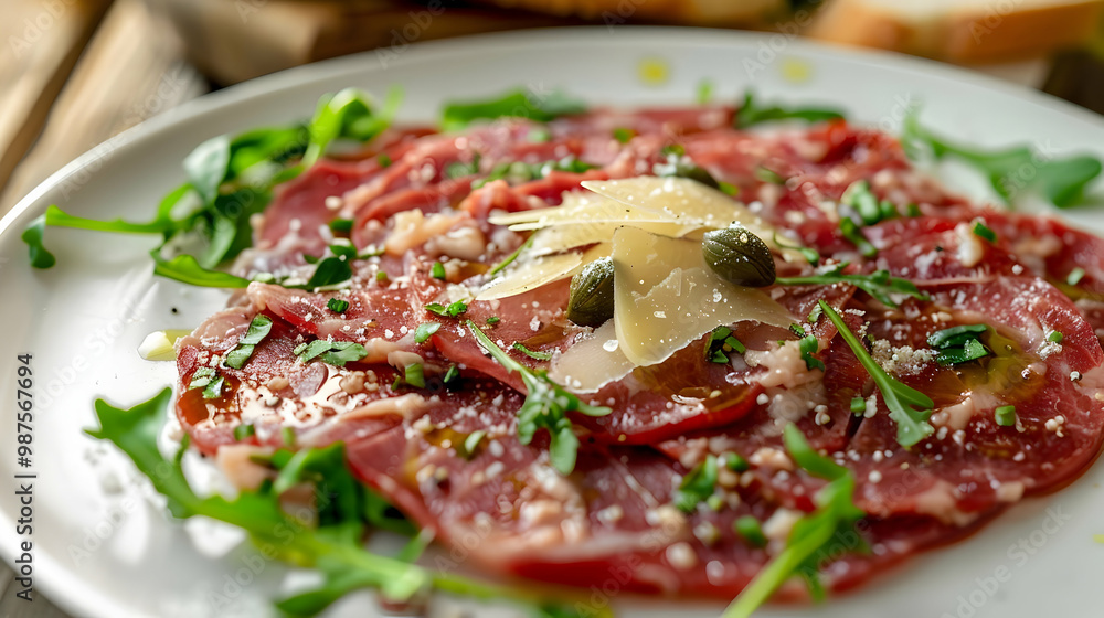 Closeup of a Delicious Carpaccio with Arugula Parmesan Closeup of a Delicious Carpaccio with Arugula Parmesan