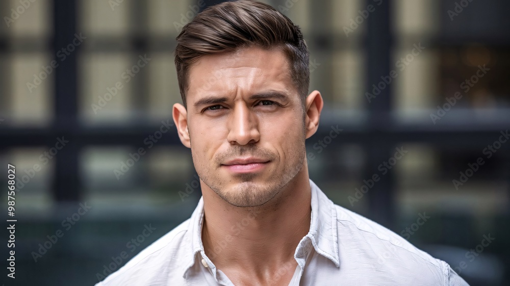 A close-up portrait of a handsome man with smooth skin and chiseled features, his face radiating confidence and strength A close-up portrait of a handsome man with smooth skin and chiseled features, his face radiating confidence and strength