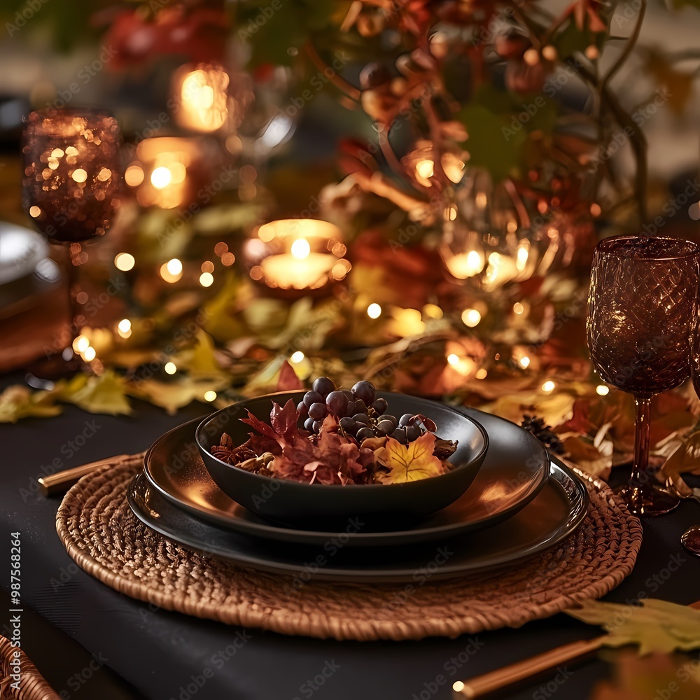 Rustic Thanksgiving Feast: Cozy Dinner Party Setup with Autumnal Decor, Handcrafted Tableware, and Warm Lighting for Catering Flyers Rustic Thanksgiving Feast: Cozy Dinner Party Setup with Autumnal Decor, Handcrafted Tableware, and Warm Lighting for Catering Flyers