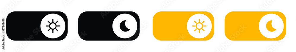 On Off toggle switch buttons. day night switch toggle - dark mode, light mode switch button - sun and moon icons. On Off toggle switch buttons. day night switch toggle - dark mode, light mode switch button - sun and moon icons.