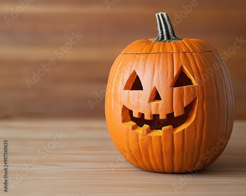 Carved Halloween pumpkin with a cheerful face, warm wooden background.