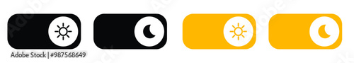 On Off toggle switch buttons. day night switch toggle - dark mode, light mode switch button - sun and moon icons.