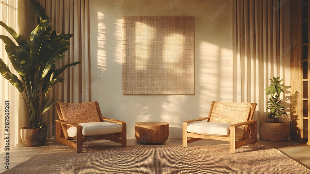 Modern Living Room Interior Design with Beige Walls and Wooden Chairs - 3D Illustration Modern Living Room Interior Design with Beige Walls and Wooden Chairs - 3D Illustration