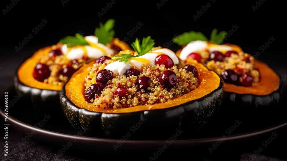 Stuffed acorn squash with quinoa, cranberries, and herbs, presented on a dark plate for a delicious and healthy dish Stuffed acorn squash with quinoa, cranberries, and herbs, presented on a dark plate for a delicious and healthy dish
