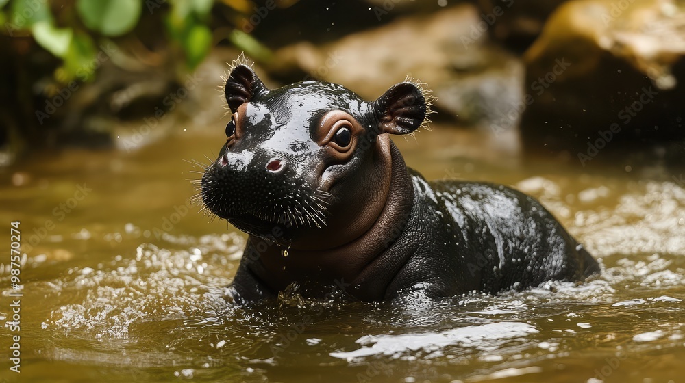 Baby pygmy hippo enjoying a refreshing bath in a shallow stream, with its ears perked up Baby pygmy hippo enjoying a refreshing bath in a shallow stream, with its ears perked up