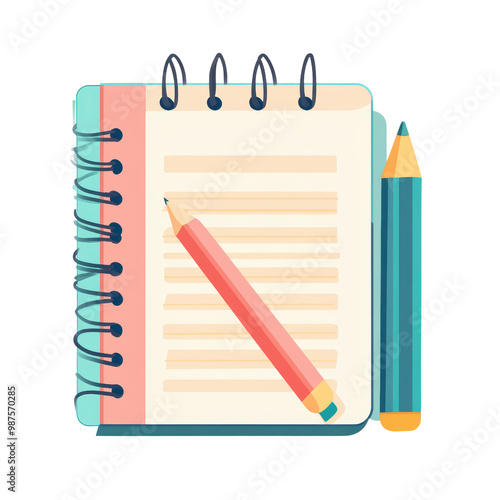 Colorful notepad with pencil, isolated on white background, transparent background.