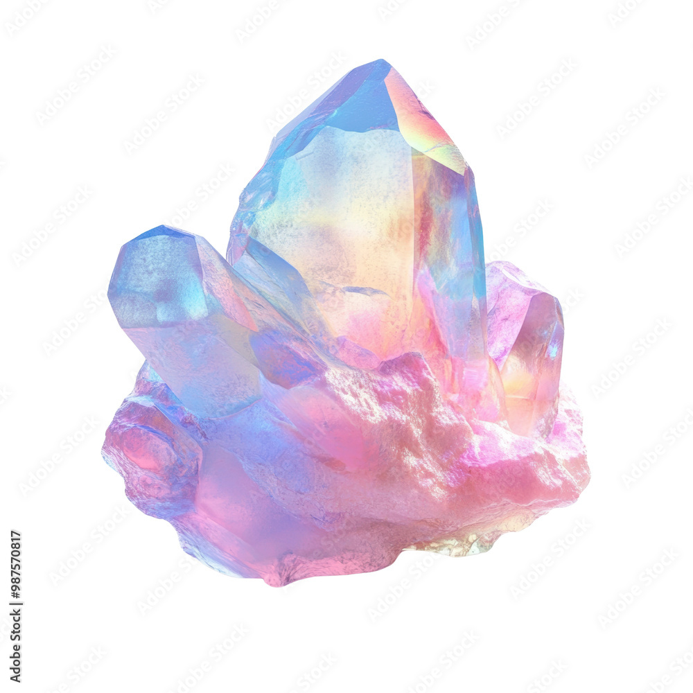 Fototapeta premium Crystal cluster with iridescent colors, white isolate background, transparent background.