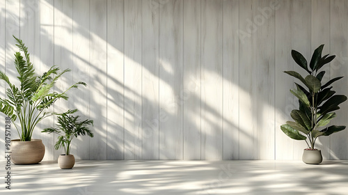 White Wooden Wall With Plants in Pots - 3D Illustration