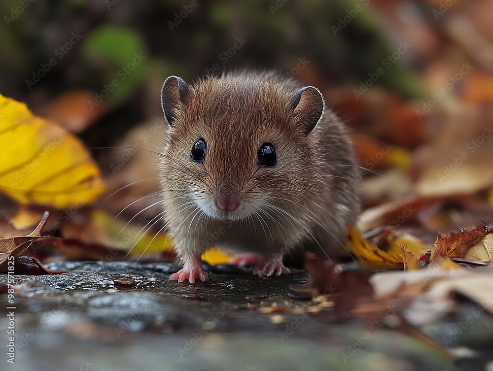 Close-up of a Cute Mouse in Autumn Leaves Close-up of a Cute Mouse in Autumn Leaves