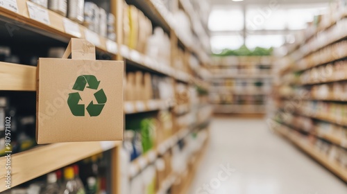 Close up view showcasing various eco labels certifications and sustainability markings displayed on shelves of sustainable products within a modern store or supermarket setting photo