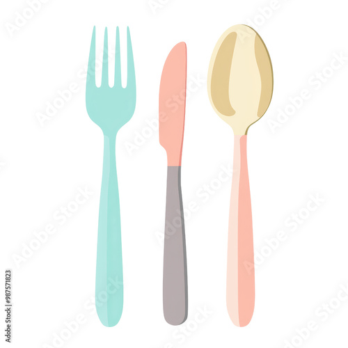 Cutlery set including fork, knife, and spoon on white isolated background, transparent background.