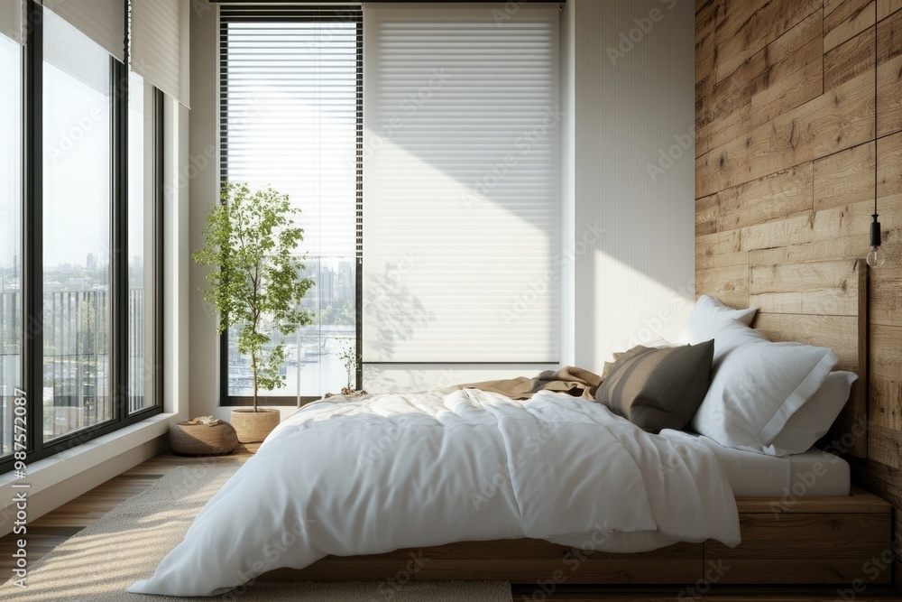 Luxurious Master Bedchamber: Stylish Scandinavian Bedroom Design with Modern White and Wood Interior Luxurious Master Bedchamber: Stylish Scandinavian Bedroom Design with Modern White and Wood Interior