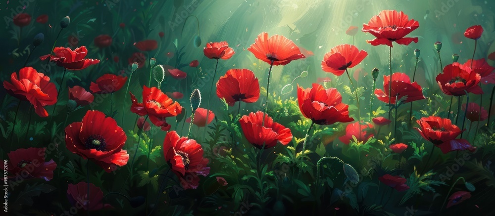 Obraz premium Captivating panoramic view of a magical garden landscape filled with vibrant red poppy flowers blooming amidst lush green foliage and bathed in the warm dreamy glow of sunlight