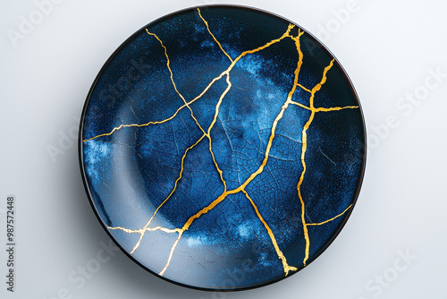 A beautiful blue ceramic plate features gold kintsugi cracks, symbolizing resilience and beauty in imperfection, photographed against a clean white background in modern style.