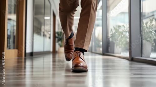 Feet of a businessman rushing in office corridor or open space because he is late to a meeting , man wearing brown suit show walking in modern office building photo