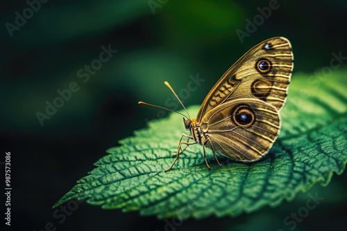 Elegant Brown Butterfly perched on Vibrant Leaf in Lush Garden