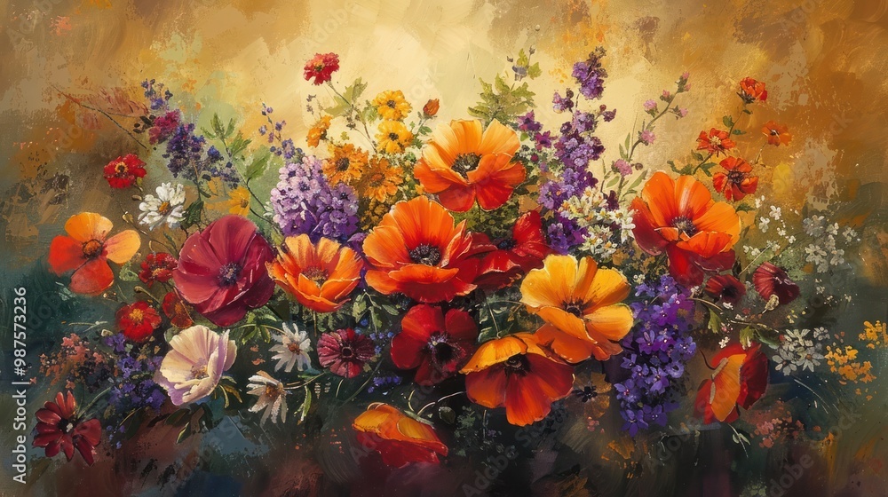 Vibrant floral bouquet with assorted blooming flowers in warm tones of orange red yellow and purple against a textured vintage inspired background Vibrant floral bouquet with assorted blooming flowers in warm tones of orange red yellow and purple against a textured vintage inspired background